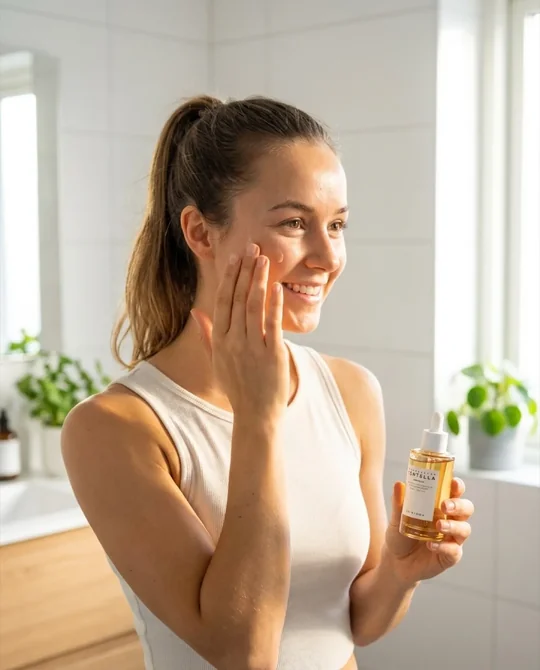 Woman applying serum in a bright bathroom, used as the avatar reference